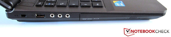 linke Seite: Kensington Lock, USB 2.0, 3x Sound, optisches Laufwerk