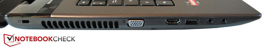 linke Seite: Kensington Lock, VGA, HDMI, USB 2.0, Mikrofon, Kopfhörer
