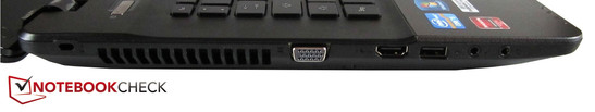 linke Seite: Kensington Lock, VGA, HDMI, USB 2.0, Kopfhörer, Mikrofon