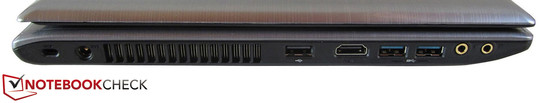 linke Seite: Kensington Lock, Stromeingang, USB 2.0, HDMI, 2x USB 3.0, Mikrofon, Kopfhörer