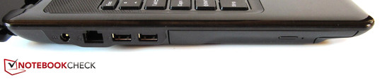 Linke Seite: DC-in, RJ-45 Gigabit-Lan, 2x USB 2.0, Blu-ray-Laufwerk