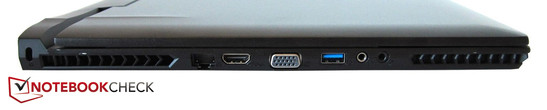 linke Seite: Kensington Lock, RJ-45 Gigabit-LAN, Surround-Port, VGA, USB 3.0, Kopfhörer, Mikrofon