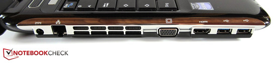 Linke Seite: Stromeingang, RJ-45 Gigabit-LAN, VGA, HDMI, 2x USB 3.0