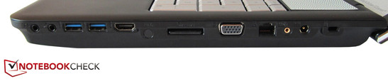 rechte Seite: 2x Sound, 2x USB 3.0, HDMI, Cardreader, VGA, RJ-45 Gigabit-Lan, Subwoofer-Anschluss, Stromeingang, Kensington Lock