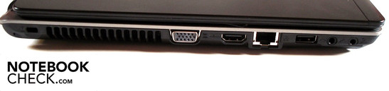 Linke Seite: Kensington Lock, VGA, HDMI, RJ-45 LAN, USB 2.0, 2x Sound