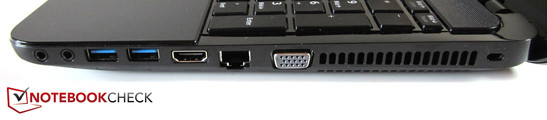rechte Seite: Kopfhörer, Mikrofon, 2x USB 3.0, HDMI, RJ-45 Gigabit-Lan, VGA, Kensington Lock