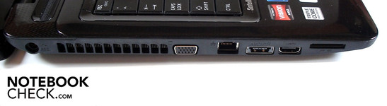 Linke Seite: DC-in, VGA, RJ-45 FE-Lan, eSATA/USB 2.0, HDMI, Kartenleser
