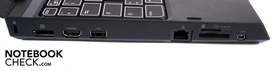 Linke Seite: Kensington Lock, Displayport, HDMI, USB 2.0, Fast-Ethernet-Lan, Kartenleser, Firewire