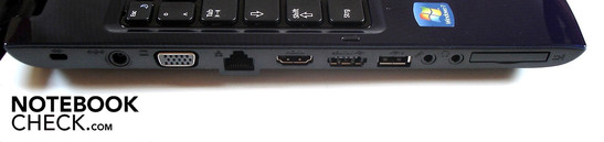 Linke Seite: Kensington Lock, DC-in, VGA, Lan, HDMI, eSATA/USB 2.0, USB 2.0, 2x Sound, 34mm ExpressCard