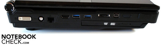 Linke Seite: DVI, Antenne, RJ-45 Gigabit-Lan, HDMI, 2x USB 3.0, eSATA, Firewire, 9-in-1-Kartenleser
