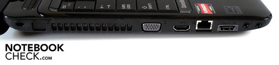 Linke Seite: Kensington Lock, VGA, HDMI, RJ-45 Fast-Ethernet-Lan, eSATA/USB 2.0-Combo, Mikrofon, Kopfhörer