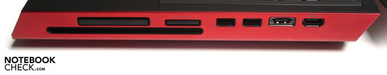 Rechte Seite: 54 mm ExpressCard, 9-in-1-Kartenleser, 2x USB 2.0, eSATA / USB 2.0, HDMI-in