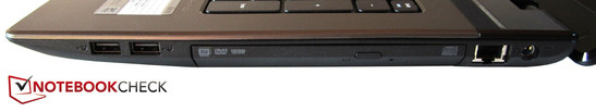 rechte Seite: 2x USB 2.0, optisches Laufwerk, RJ-45 Gigabit-Lan, DC-in