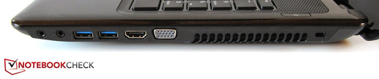 Rechte Seite: 2x Sound, 2x USB 3.0, HDMI, VGA, Kensington Lock