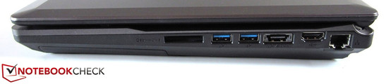 rechte Seite: Kartenleser, 2x USB 3.0, eSATA / USB 3.0, HDMI, RJ-45 Gigabit-Lan