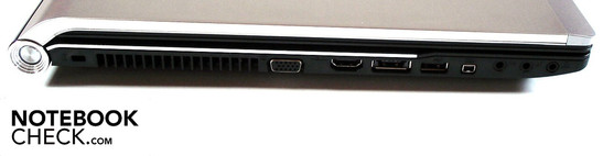 Linke Seite: Kensington Lock, VGA, HDMI, eSATA/USB 2.0, USB 3.0, Firewire, 3x Sound