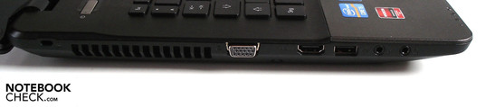 Linke Seite: Kensington Lock, VGA, HDMI, USB 2.0, 2x Sound