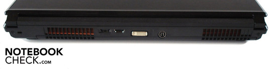 Rückseite: Kensington Lock, eSATA/USB-2.0-Combo, HDMI, DVI, Stromeingang