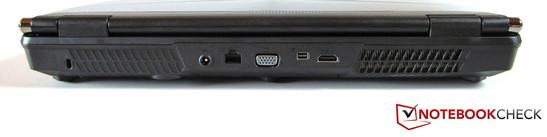 Rückseite: Kensington Lock, DC-in, RJ-45 Gigabit-Lan, VGA, Mini-DisplayPort, HDMI