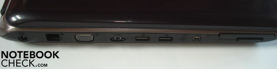 Linke Seite: DC-in, RJ-45 Gigabit-Lan, VGA, HDMI, 2x USB 2.0, Firewire, 8-in-1-Kartenleser
