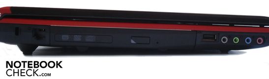 Linke Seite: Kensington Lock, RJ-11 Modem, DVD-Brenner, 1x USB 2.0, 4x Sound (Line-Out, Kopfhörer-Ausgang, Line-In, Mikrofon-Eingang)