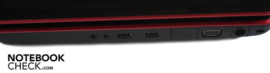 Rechte Seite: 2x Sound (Kopfhörer, Mikrofon), 2x USB 2.0, VGA, DC-in, Kensington Lock