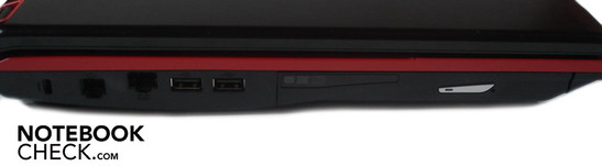 Linke Seite: Kensington Lock, RJ-11 Modem, RJ-45 Lan, 2x USB 2.0, DVD-Brenner