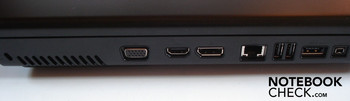 Linke Seite: Kensington Lock, VGA, HDMI, Displayport, RJ-45 Gigabit-Lan, 2x USB 2.0, eSATA/USB 2.0-Kombo, Firewire