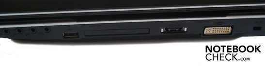 Rechte Seite: 4x Sound, USB 2.0, 54mm Express Card, eSATA, DVI, Kensington Lock