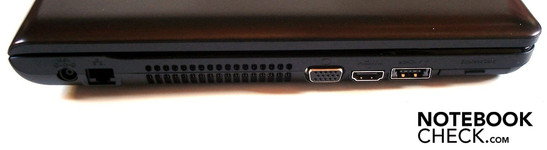 Linke Seite: Stromanschluss, RJ-45 Gigabit-Lan, VGA, HDMI, eSATA/USB 2.0-Combo, 34mm ExpressCard