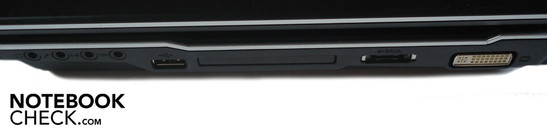 Rechte Seite: 4x Sound, USB 2.0, 54mm Express Card, eSATA, DVI