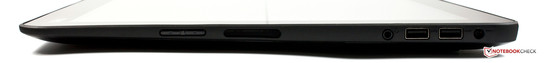 Links: Lautstärkewippe, Lautsprecher, 3,5-mm-Kombi, 2 x USB 3.0, Netzteil.