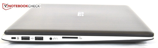 Linke Seite: Kensington, 2x USB 2.0, Kopfhörer/Mikrofon-Kombi, SD-Kartenleser