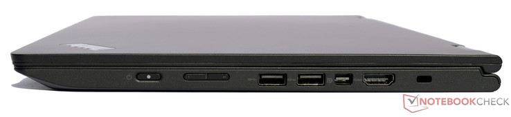 rechts: Ein-/Ausschalter, Lautstärkewippe, 2x USB 3.0, Mini-DisplayPort, HDMI, Kensington-Lock-Buchse