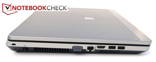 linke Seite: Kensington, Strom, VGA, Gigabit-LAN, HDMI, 2x USB 2.0