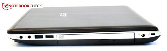 Rechte Seite: Kopfhörer/SPIDF, Mikrofon, 2x USB 3.0, DVD-Brenner, Strom, Kensington