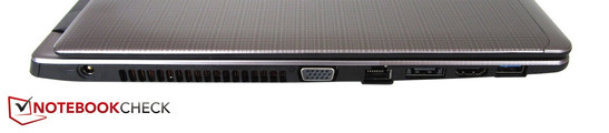 linke Seite: Stromeingang, VGA, RJ45-LAN, eSATA/USB 3.0, HDMI, USB 3.0