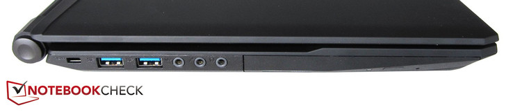 linke Seite: Kensington Lock, 2x USB 3.0, 3x Sound, optisches Laufwerk