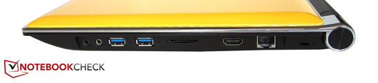 rechte Seite: 2x Sound, 2x USB 3.0, Kartenleser, HDMI, RJ45-LAN, Kensington Lock