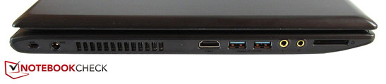 linke Seite: Kensington Lock, Stromeingang, HDMI, 2x USB 3.0, 2x Sound, Kartenleser