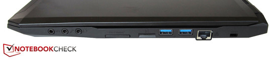 rechte Seite: 3x Sound, Kartenleser, SIM, 2x USB 3.0, RJ45-LAN, Kensington Lock
