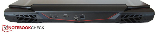 Rückseite: 2x Mini-DisplayPort, HDMI, Stromeingang, RJ45-LAN