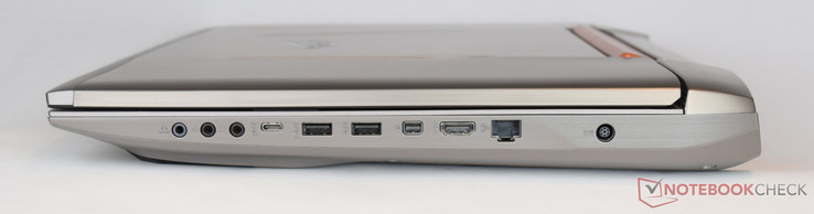 rechte Seite: Kopfhörer, Mikrofon, Line-in, 1x USB 3.1 Typ-C Gen2, 2x USB 3.0, 1x Mini-DisplayPort, 1x HDMI, 1x RJ-45 Gigabit-Ethernet, Stromanschluß