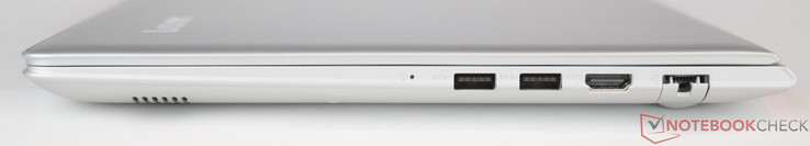 rechts: Power-On-LED, Netzanschluss, 2x USB 3.0, HDMI, GBit-LAN