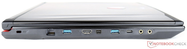 linke Seite: Kensington Lock, RJ45-LAN, USB 3.0, HDMI, Mini-DisplayPort, USB 3.0, USB 3.1 Type-C Gen2, 2x 3,5-mm-Klinke