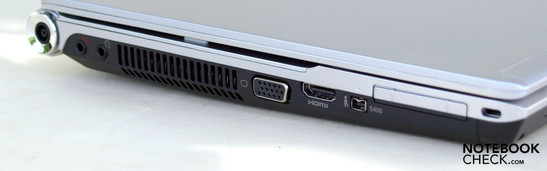 Linke Seite: Mikrofon, Kopfhörer, Lüfter, VGA, HDMI, FireWire, ExpressCard/54, Kensington