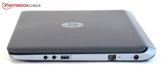rechte Seite HP Probook 430 G1: Kopfhörerausgang, Mikrofoneingang, USB 2.0, Ethernet-Steckplatz, Netzanschluss