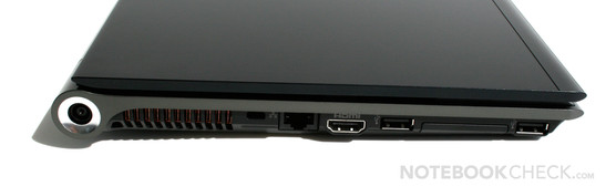 Linke Seite: Stromstecker, Kensington, Gigabit LAN, HDMI, USB, Expresscard 34mm, USB