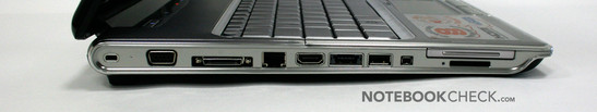 Linke Seite: Express Card 45, Cardreader (SD, MS (Pro), MMC, xD), Firewire 400, USB, eSata (mit integriertem USB), HDMI, Gigabit LAN, Dockingstation, VGA