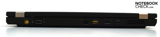 Rückseite: DC-in, VGA, RJ45, powered USB; e-SATA-USB-Kombi, Display-port, Lüfter
